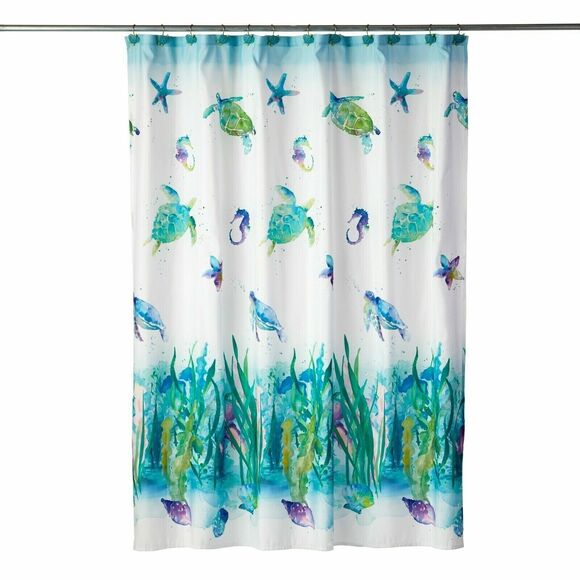 Sea Turtles Watercolor Fabric Shower Curtain Ocean Blue Green Nautical Bath NEW - Picture 1 of 3